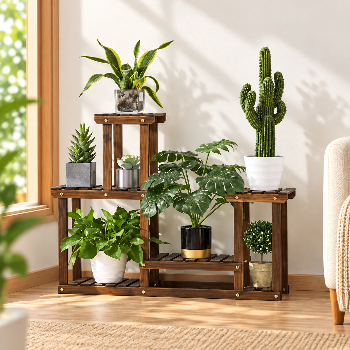 4-Tier Wooden Plant Display Stand