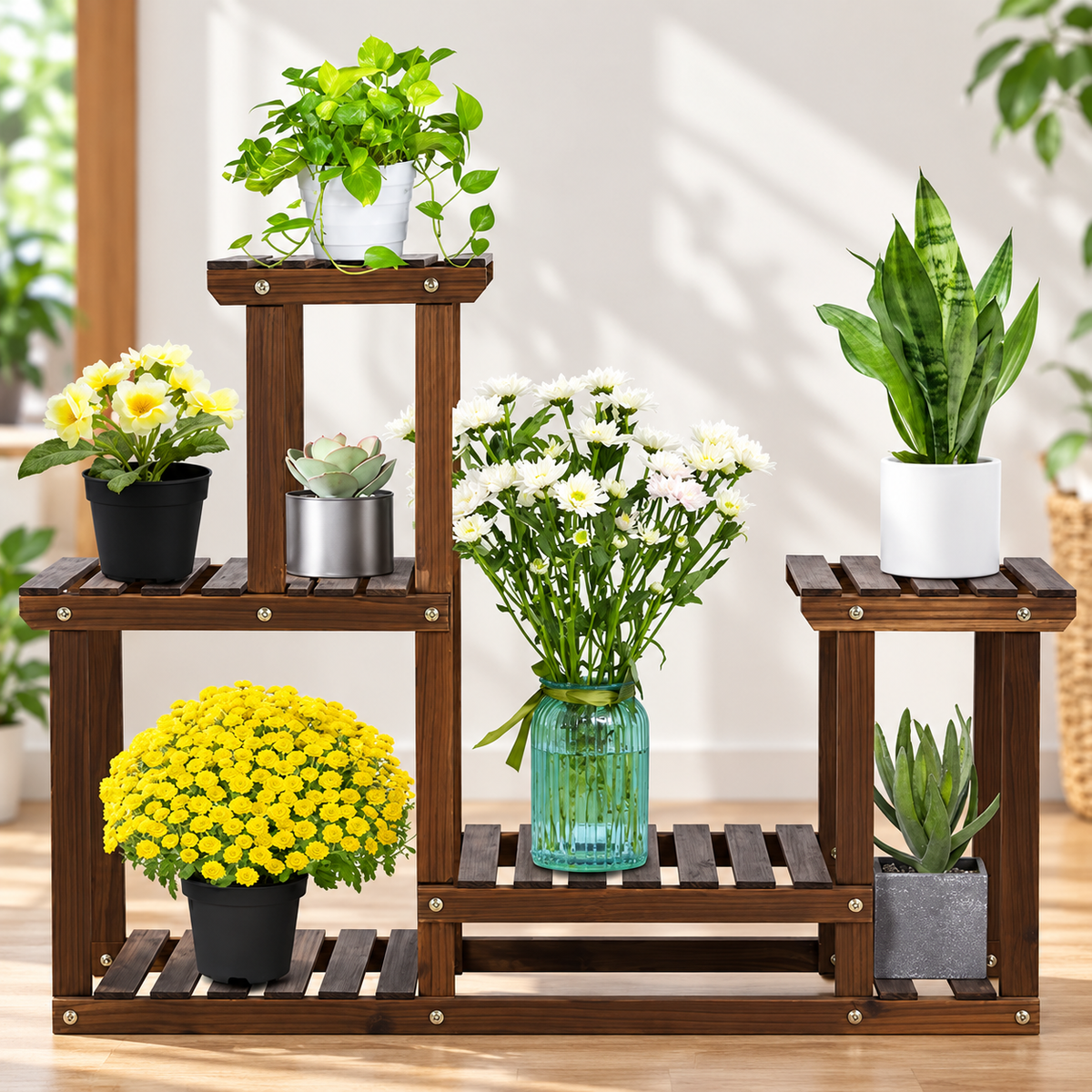 4-Tier Wooden Plant Display Stand